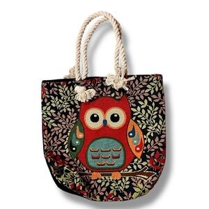 Owl Tote Bag Shoulder Bag Tapestry Bold Colors Rope Handles EUC